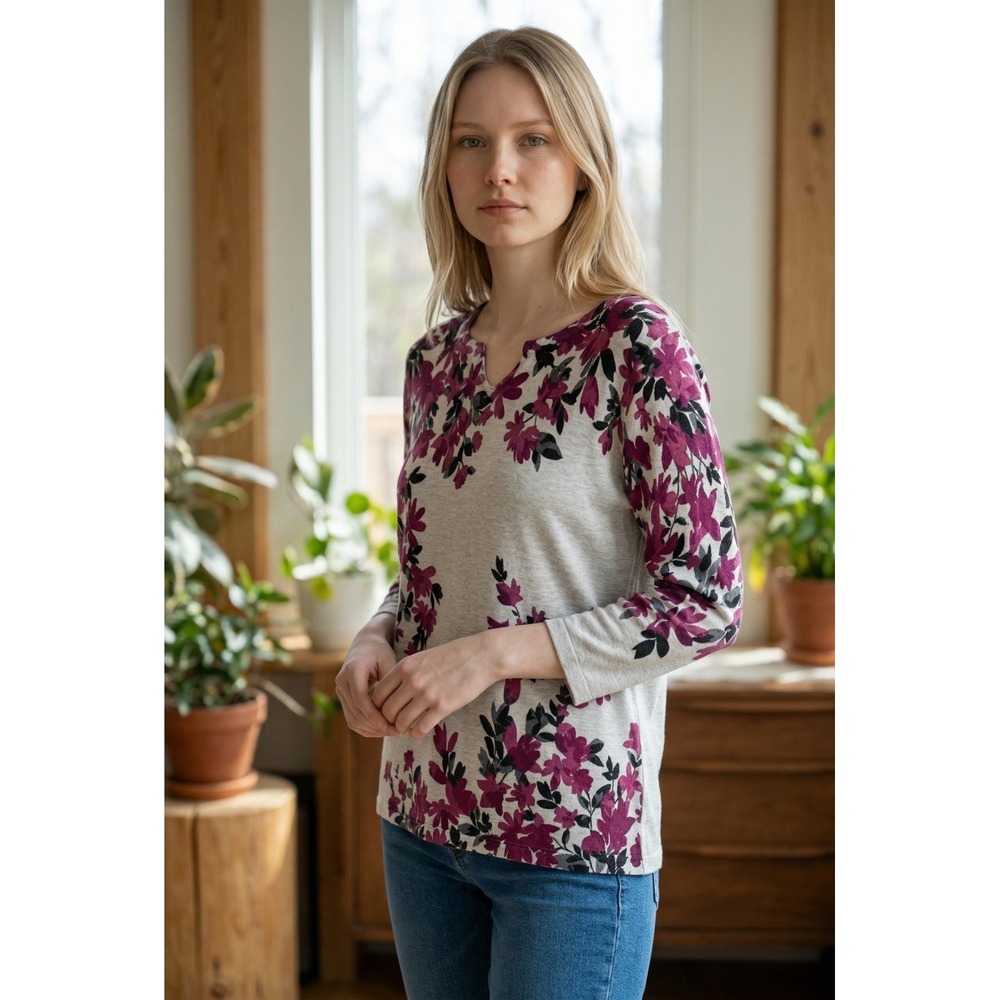 Alfred Dunner Alexander‎ Valley RR Floral Split Neck Cotton Sweater Berry PS NEW